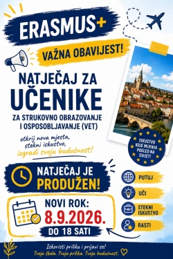 Produljen rok Natječaja za odabir učenika za kratkoročnu mobilnost učenika u strukovnom obrazovanju i osposobljavanju